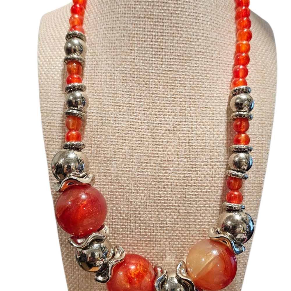 Vibrant Red and Silver Beaded Necklace